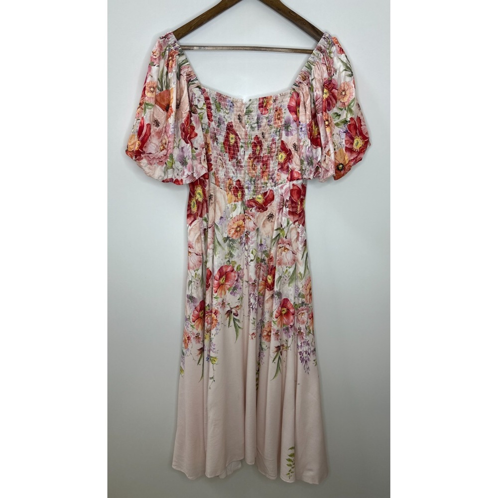Alex Marie Floral Puff Sleeve Smocked Midi Dress Large Pink Coquette Romantic - Picture 13 of 16